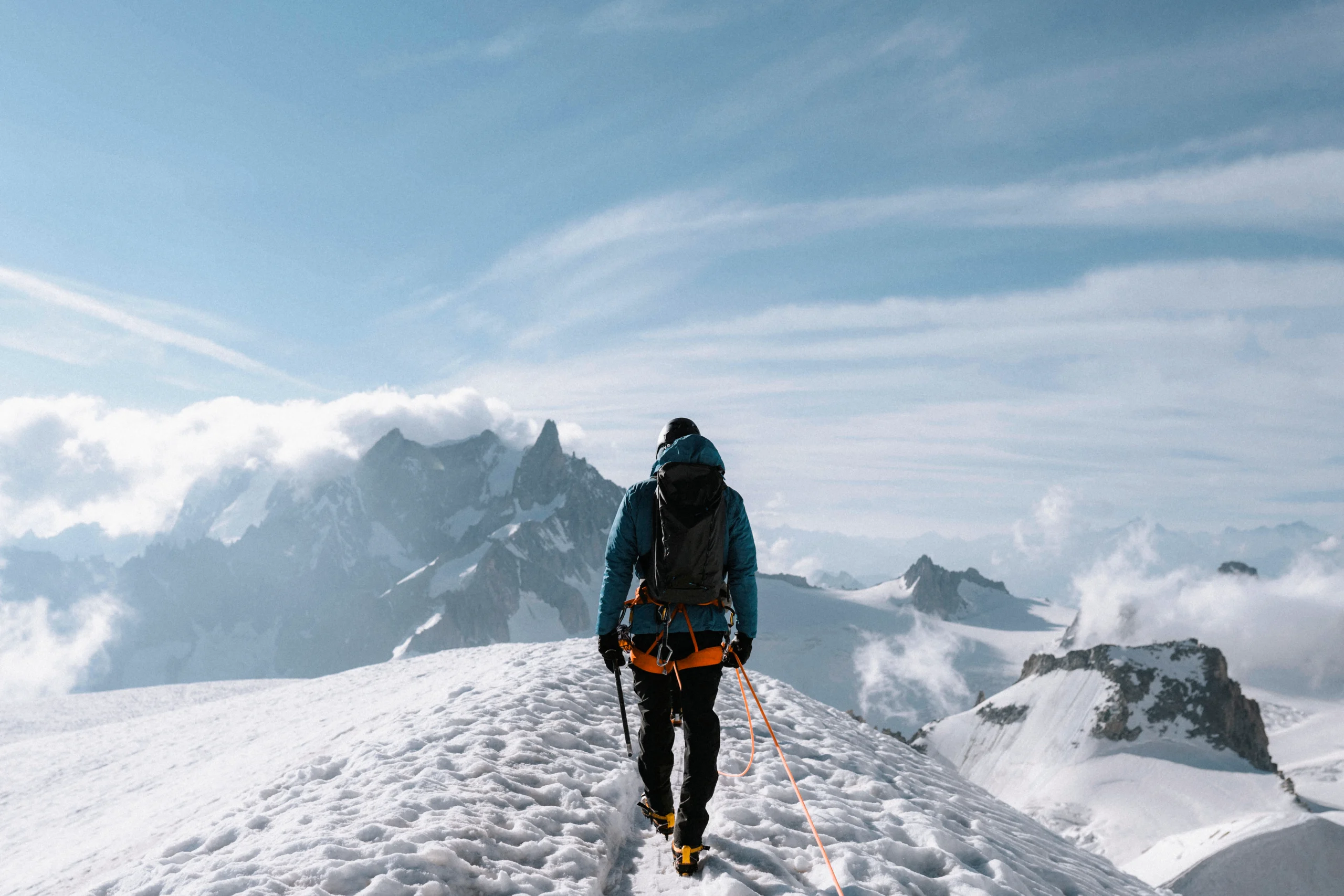Exploring Nepal hiker going up aiguille du midi